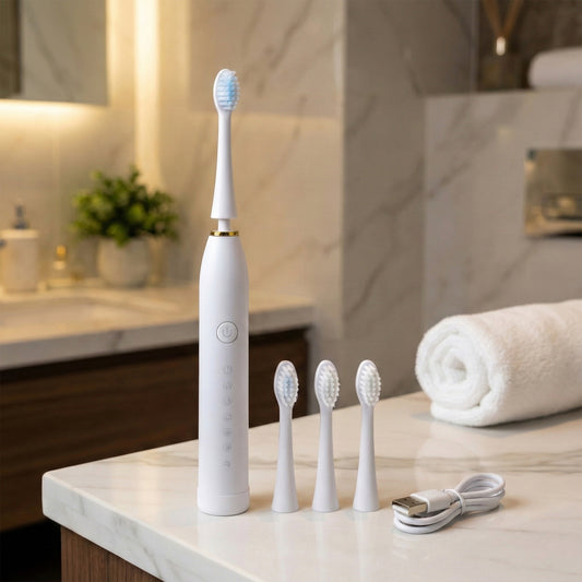 Wukusy rechargeable electric toothbrush in white with three extra brush heads, showing the toothbrush and replacement heads.