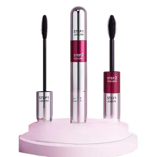 Ekom 2-in-1 mascara for women, volumizing and lengthening, smudge-proof formula, in sleek black tube with a brush applicator.