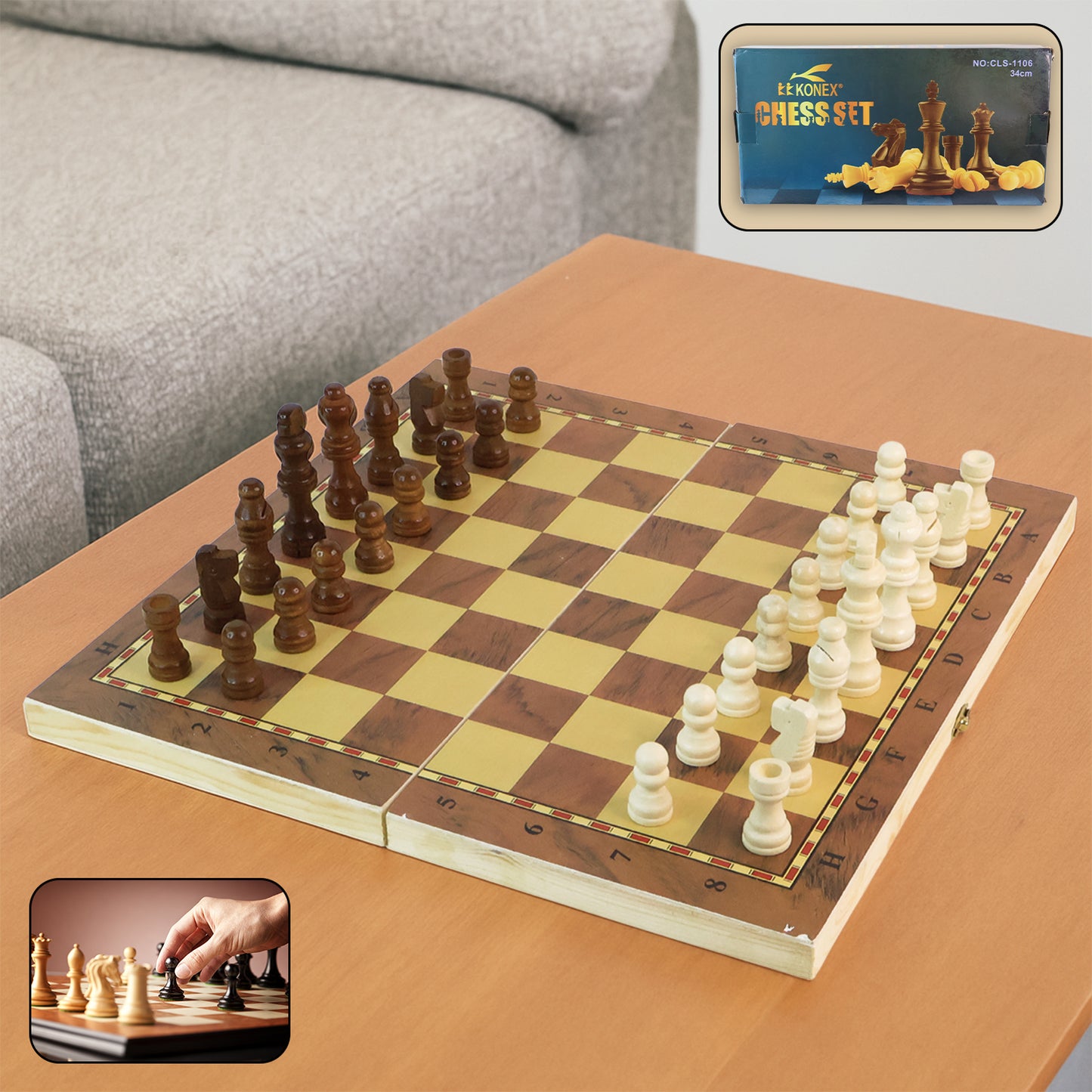 Foldable wooden chess board set by Wukusy with 30x30 cm playing surface, featuring chess pieces on a natural wood finish.