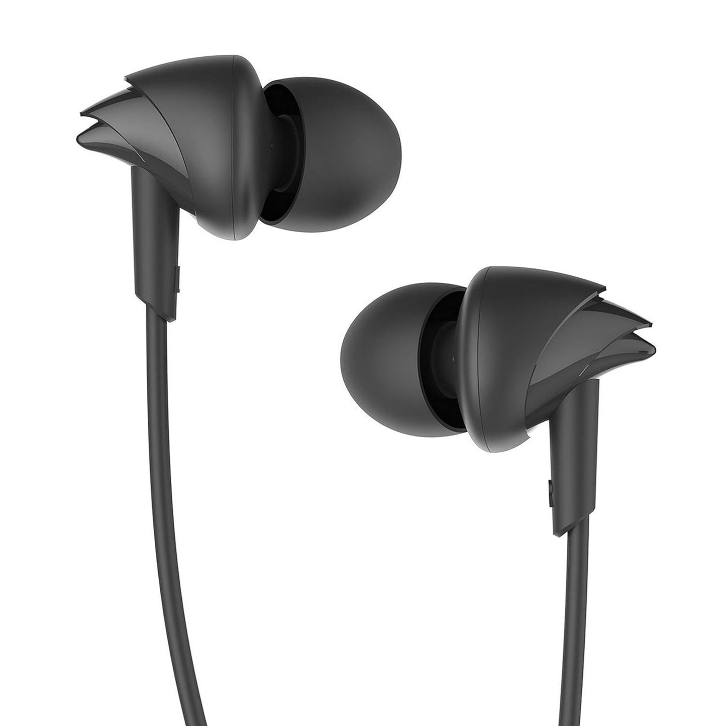 Seasons boAt BassHeads 100 black in-ear wired earbuds with microphone, showing the sleek design and inline remote.