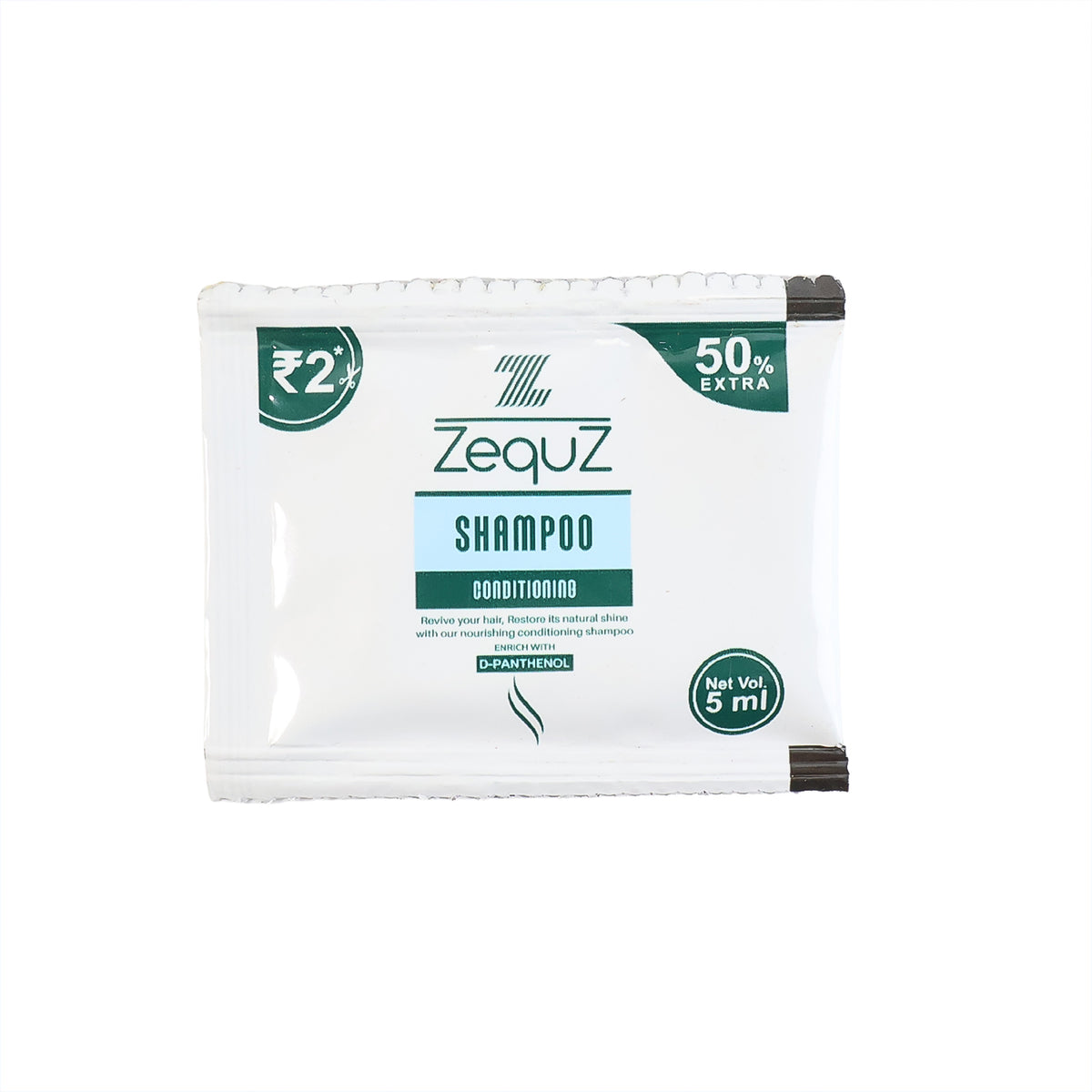 Wukusy Zequz Nourishing Conditioning Shampoo sachet, 5 ml, single use, close-up of the small, sealed shampoo packet on a white background.