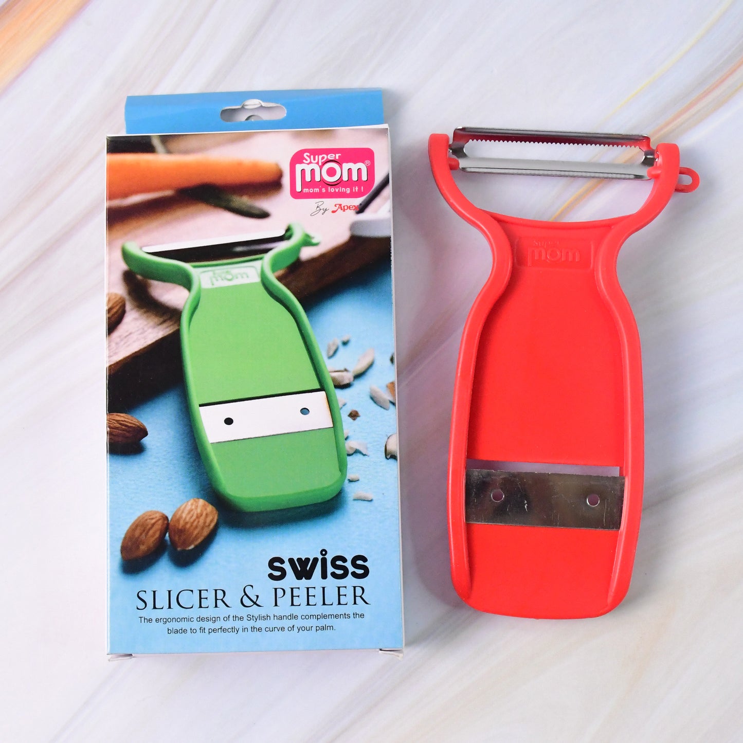 Wukusy Supermom Swiss 2-in-1 slicer and peeler with ultra-sharp stainless steel blades for kitchen prep work