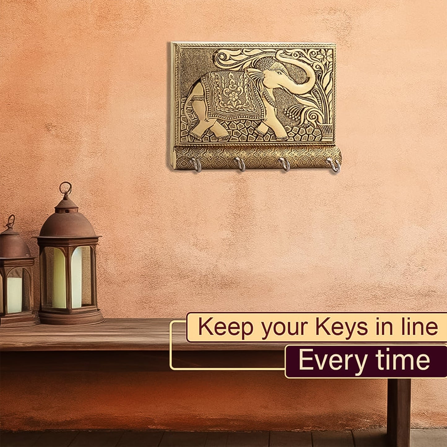 Wukusy wooden key holder with stylish gold antique elephant metal design, perfect for home decor and organization.