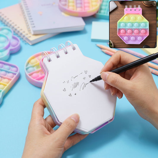 Pastel hexagon fidget diary by Wukusy with pop bubble sensory bubbles for kids, featuring a colorful and playful notebook design.
