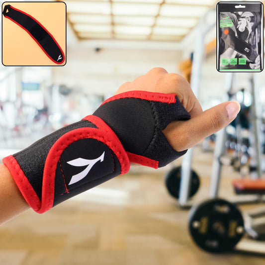 Wukusy adjustable sports wrist support brace on a person's wrist, providing stability and compression for wrist injuries or strain.
