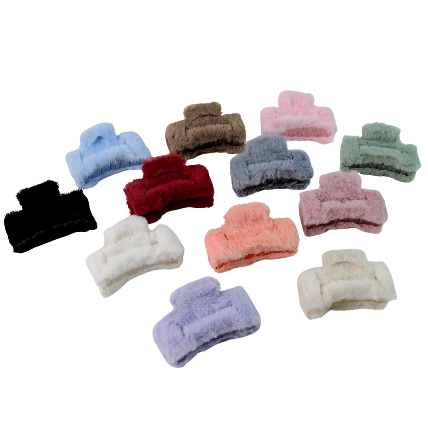 Set of 12 large soft faux fur hair claw clips by Wukusy, perfect for securing hair with a cozy, plush style.