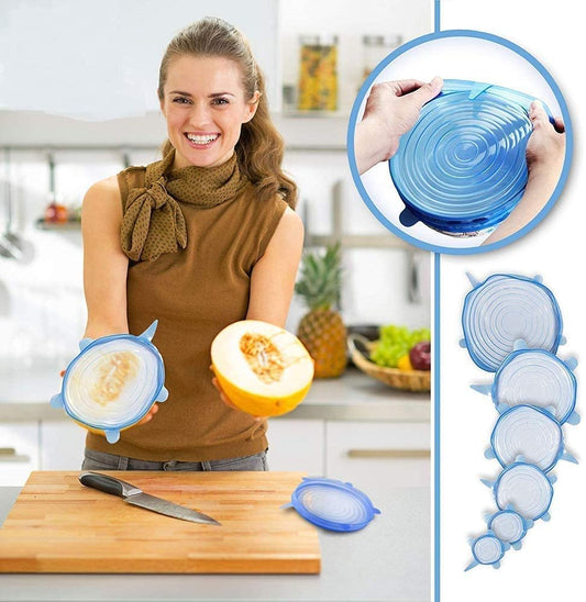 Six silicone lid covers in various sizes, flexible and colorful, designed to fit different pots and bowls for airtight sealing.