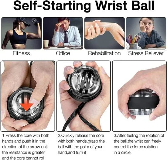 FIZZI SHOP gyro ball in hand showing its sleek design and compact size for stress relief and hand exercise.