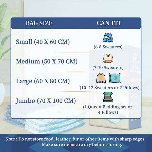 FIZZI SHOP big vacuum storage bag set with pump, includes five large bags for space-saving storage and organization.