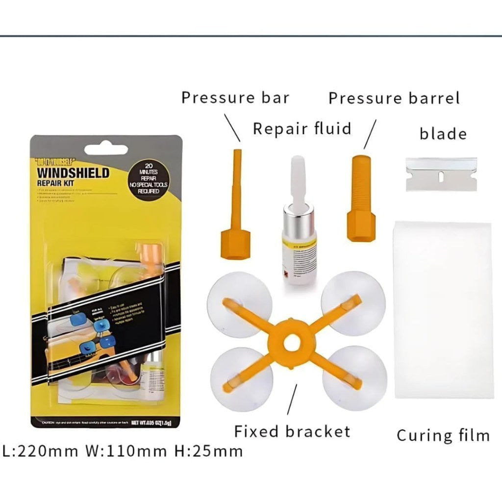 FIZZI SHOP automotive car windshield repair kit with tools and resin for fixing chips and cracks in vehicle glass