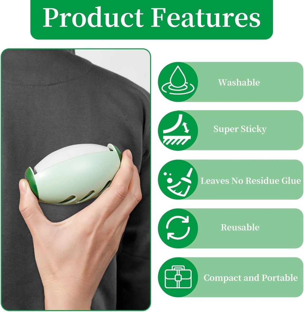 Reusable FIZZI SHOP lint roller ball with washable lint catcher, shown in use on dark fabric to remove lint and pet hair.