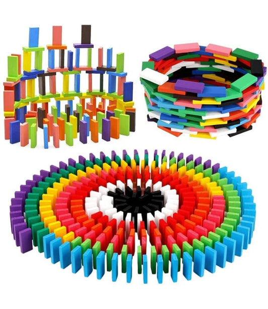 Set of 120 wooden dominoes from FIZZI SHOP JK SIDHU, displaying rectangular tiles with black dots arranged on a light wood surface.