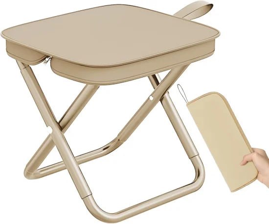 FIZZI SHOP JK SIDHU folding handbag stool in black, compact design with handle for easy carrying and versatile use.