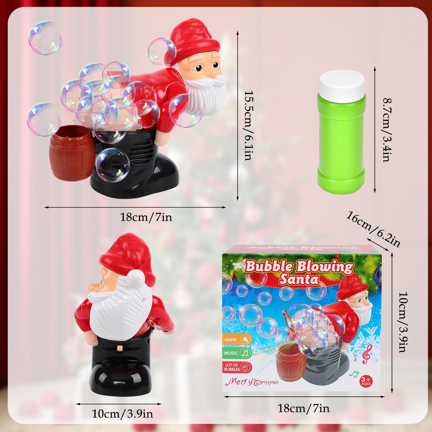 FIZZI SHOP JK SIDHU Bubble Blowing Santa with flashing lights and music, festive holiday decoration with Santa figure and colorful lights.