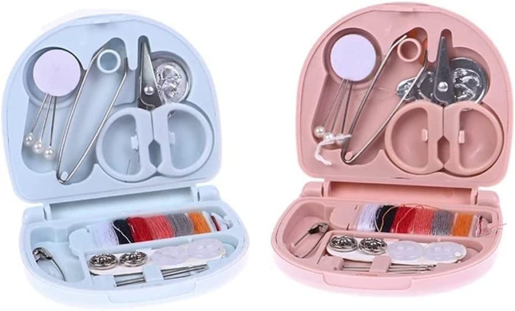 Mini travel sewing kit by FIZZI SHOP JK SIDHU with sewing needles, threads, scissors, and buttons in a compact case.