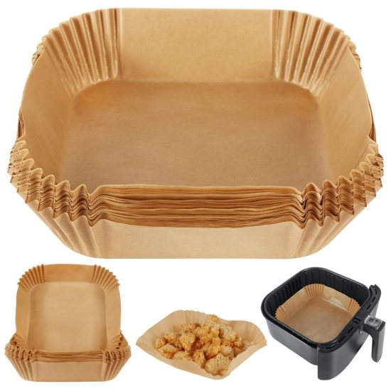 100 pcs FIZZI SHOP square disposable air fryer paper sheets, non-stick liners for easy cooking and cleaning in air fryers.