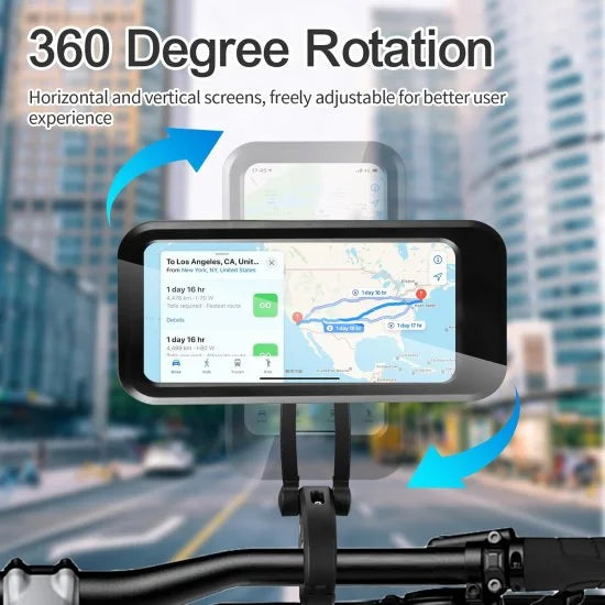 Waterproof motorcycle and bicycle mobile stand by FIZZI SHOP, holding a smartphone securely, ideal for outdoor use.