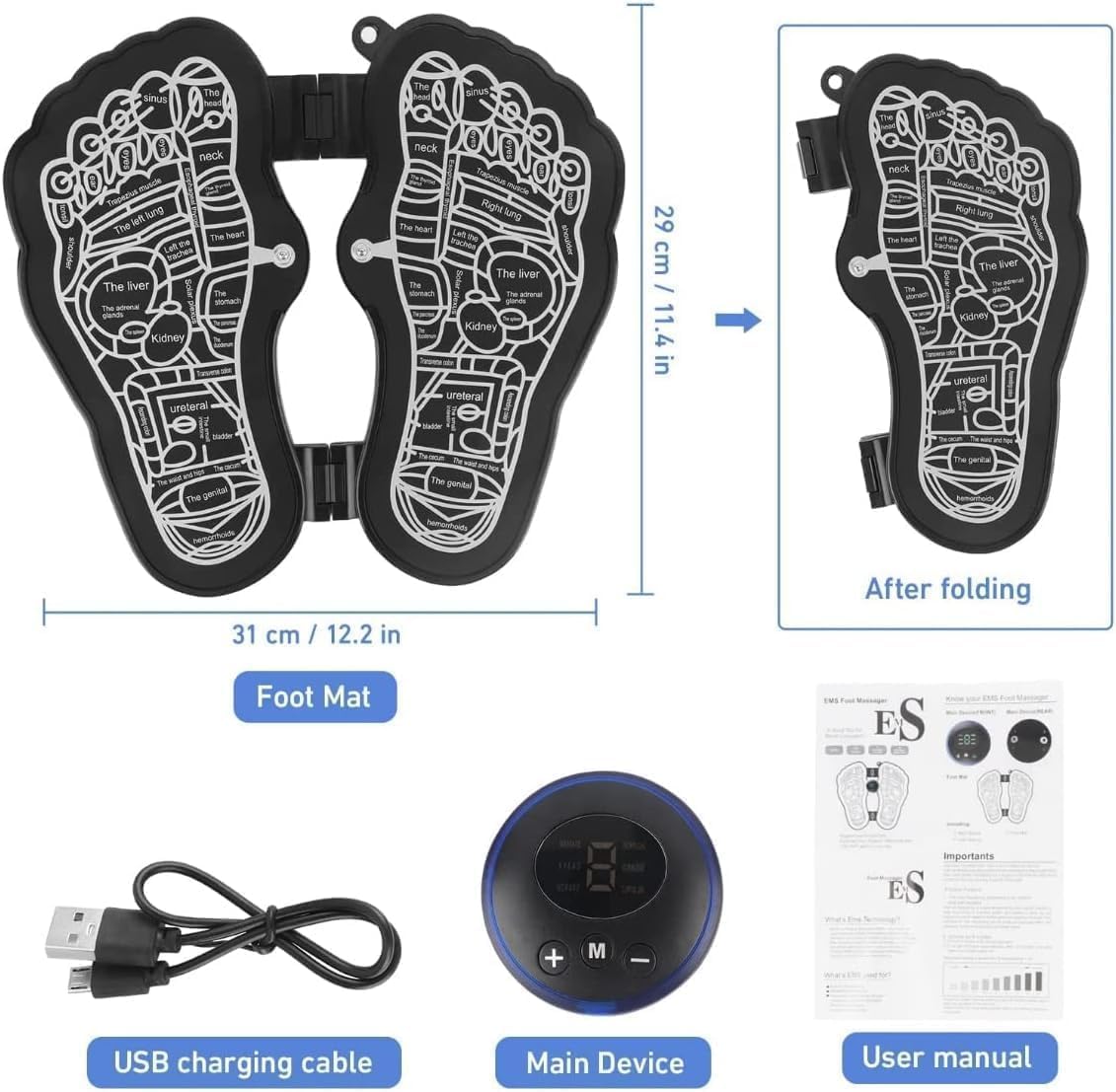 FIZZI SHOP EMS foot shape massager shown with adjustable straps and digital control panel for relaxing foot therapy.