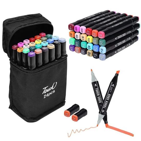 Set of 24 colorful FIZZI SHOP JK SIDHU markers with fine tips, displayed on a white background for artistic and craft projects.