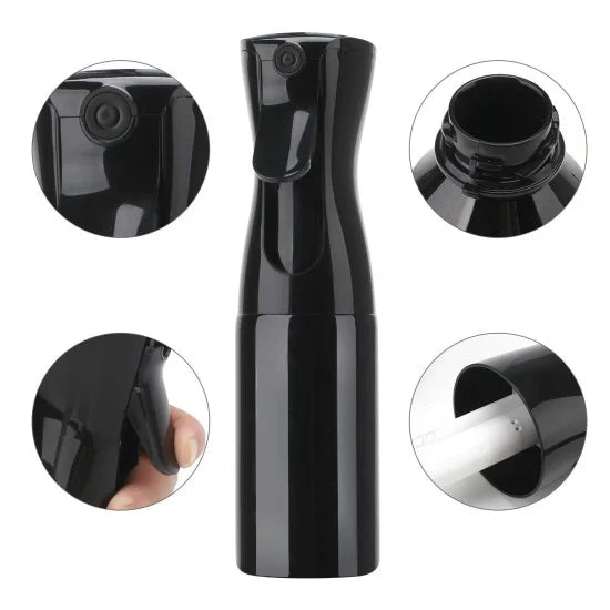 FIZZI SHOP hair spray bottle with spray nozzle, clear plastic container for styling and hold, on a plain background.