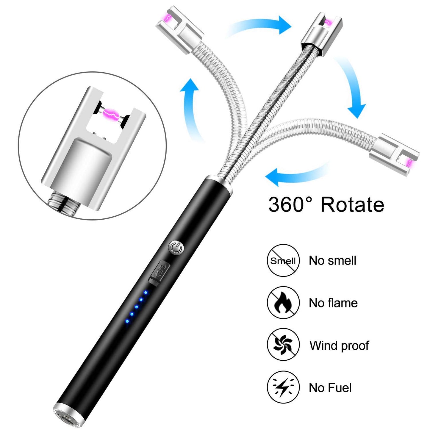 Rechargeable USB electric gas lighter by FIZZI SHOP with a sleek black design and a safety switch for easy ignition.