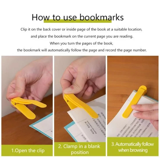 Set of three silicone automatic bookmarks with colorful, flexible design for easy marking pages in books by FIZZI SHOP.
