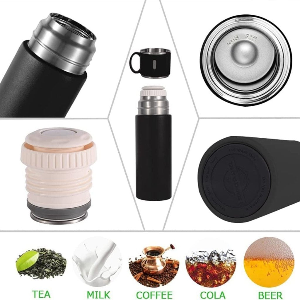 FIZZI SHOP JK SIDHU vacuum flask set with two stainless steel insulated bottles on a white background