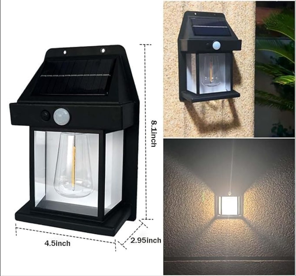 FIZZI SHOP solar wall bulb lamp mounted on outdoor wall, illuminating with warm light and energy-efficient solar power.