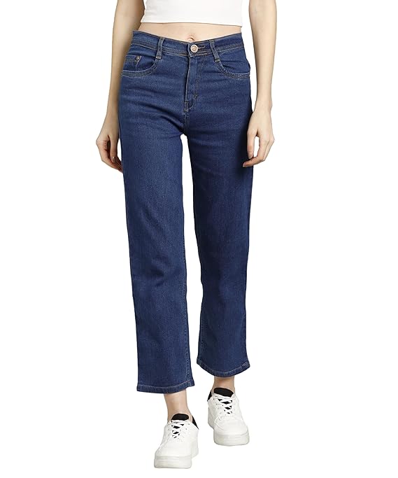 Blue women's denim jeggings with straight fit, made by FIZZI SHOP, featuring a stretchy lycra blend and classic denim style.