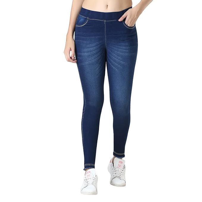 Blue stretchable high-rise denim jeggings by FIZZI SHOP featuring a fitted design and elegant style.