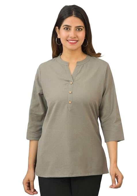 Grey women's cotton short-length kurta by FIZZI SHOP, showcasing a comfortable, stylish design with a round neckline and short sleeves.