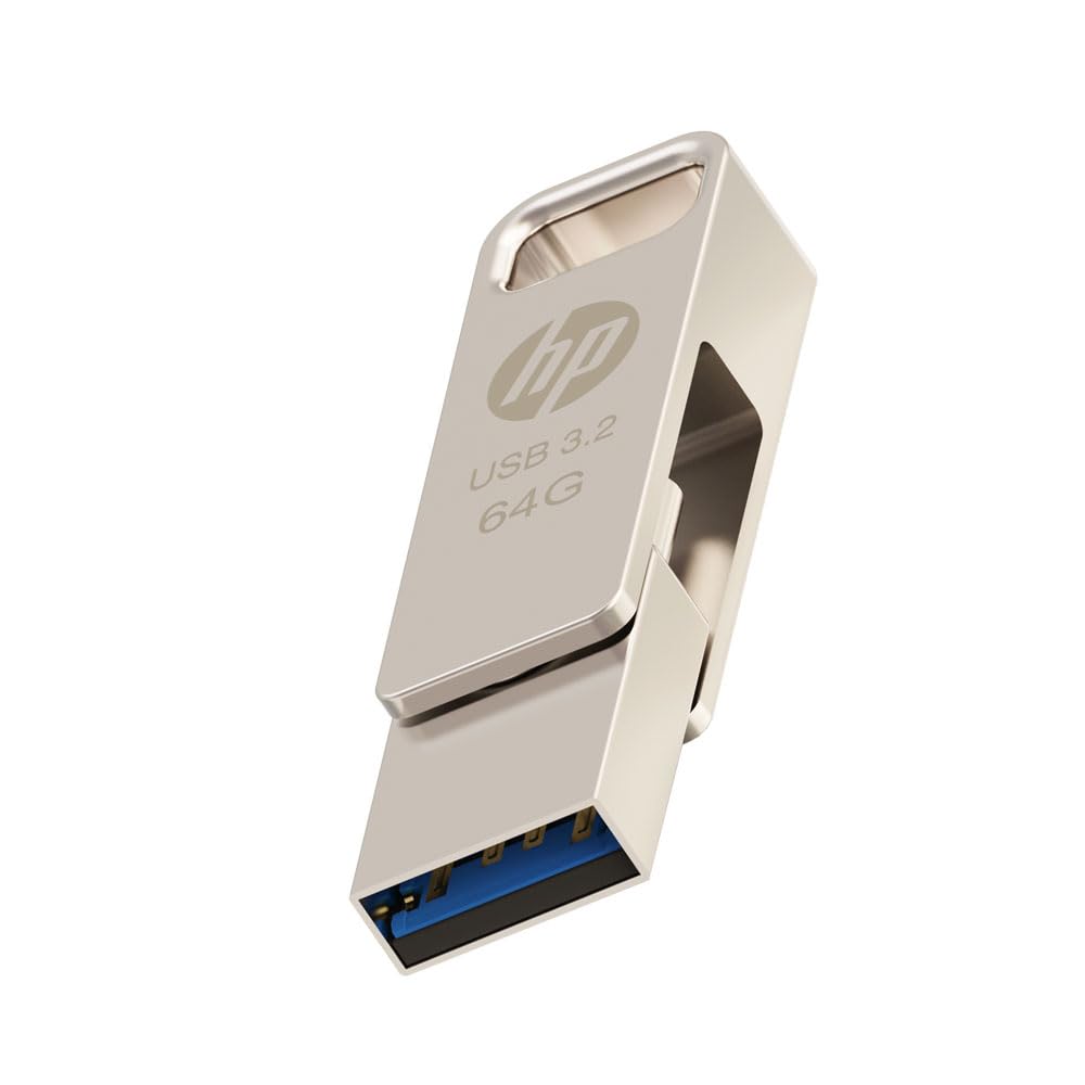 HP USB 3.2 x206c 64GB OTG flash drive by FIZZI SHOP in silver, featuring Type A and Type C connectors for versatile data transfer