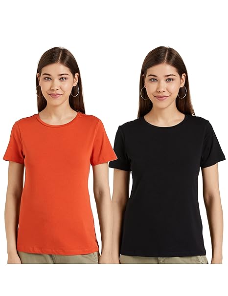 Pack of 2 women's cotton stretch regular fit T-shirts from FIZZI SHOP, multi-color, soft and comfortable for everyday wear.