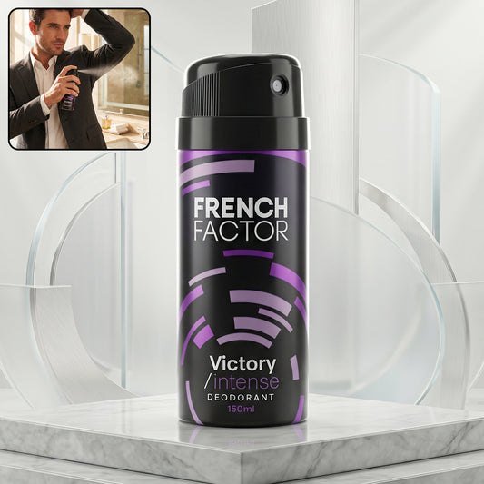 Wukusy French Factor Victory Intense deodorant body spray bottle, 150ml, with sleek design and branding visible.