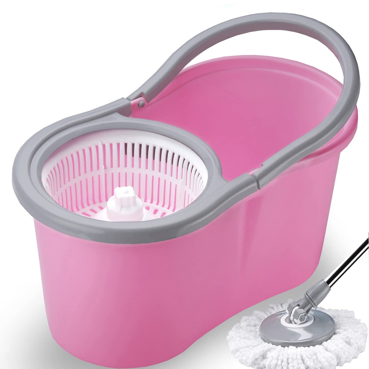 Pink Seasons Steel Classic Magic Spin Dry Bucket Mop by FIZZI SHOP with 360-degree self-spin wringing for efficient floor cleaning.
