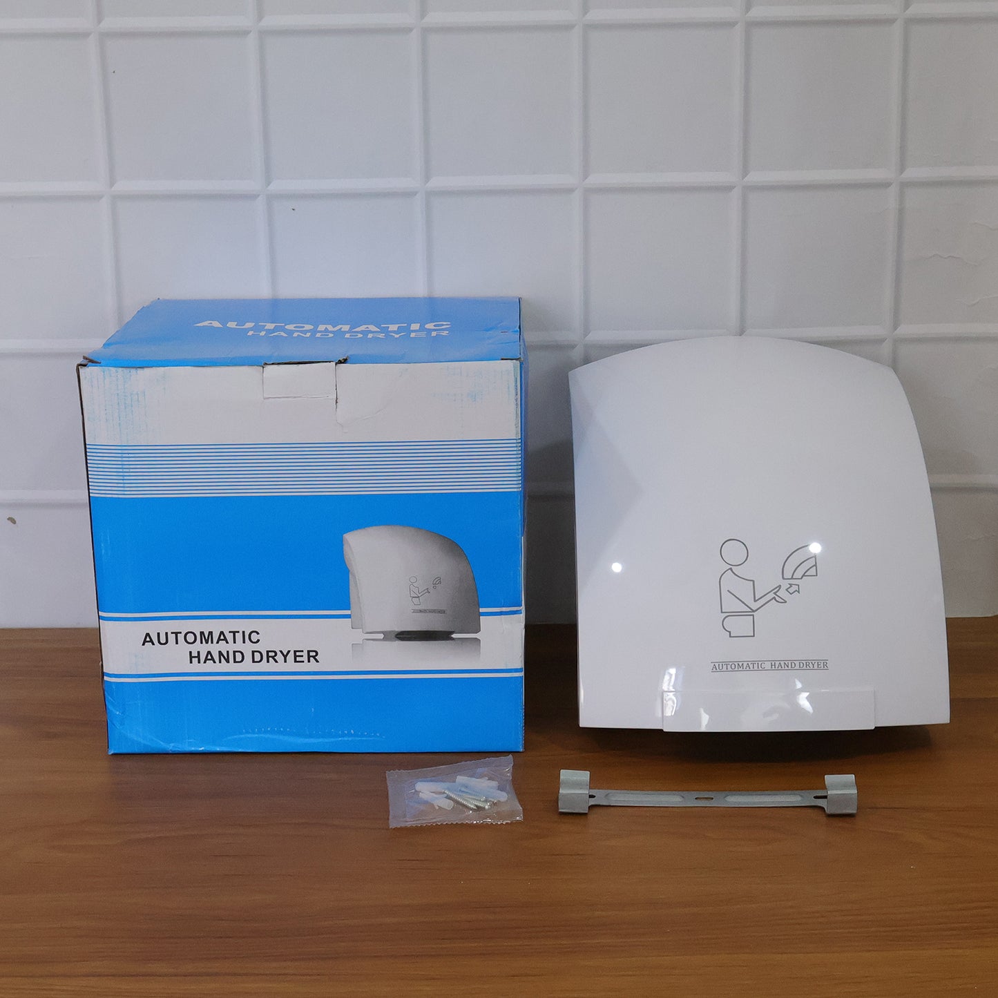Wukusy electric wall-mounted automatic sensor hand dryer with sleek design and touchless operation in a modern bathroom setting.