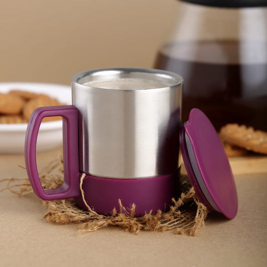 Stainless steel coffee and tea cup with lid and handle, insulated double-wall design, easy to carry, by Wukusy.