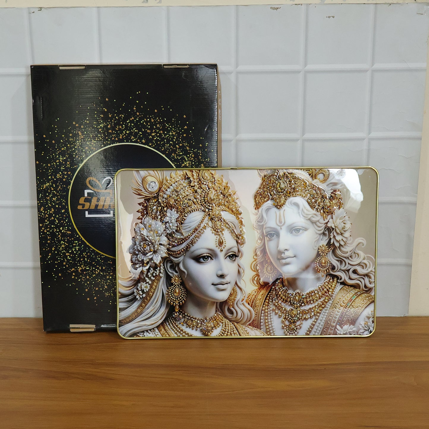 Elegant Radha Krishna wall art frame with a golden finish, 45x30 cm, showcasing intricate Hindu deity artwork.