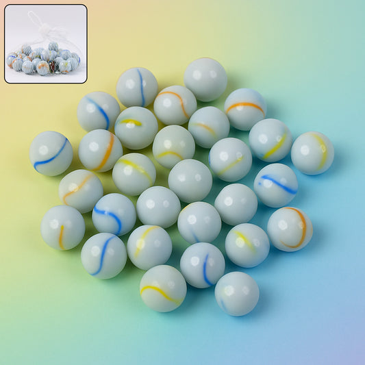 Set of approximately 30 Wukusy classic glass marbles for home decor, featuring colorful, smooth glass spheres in a variety of sizes.