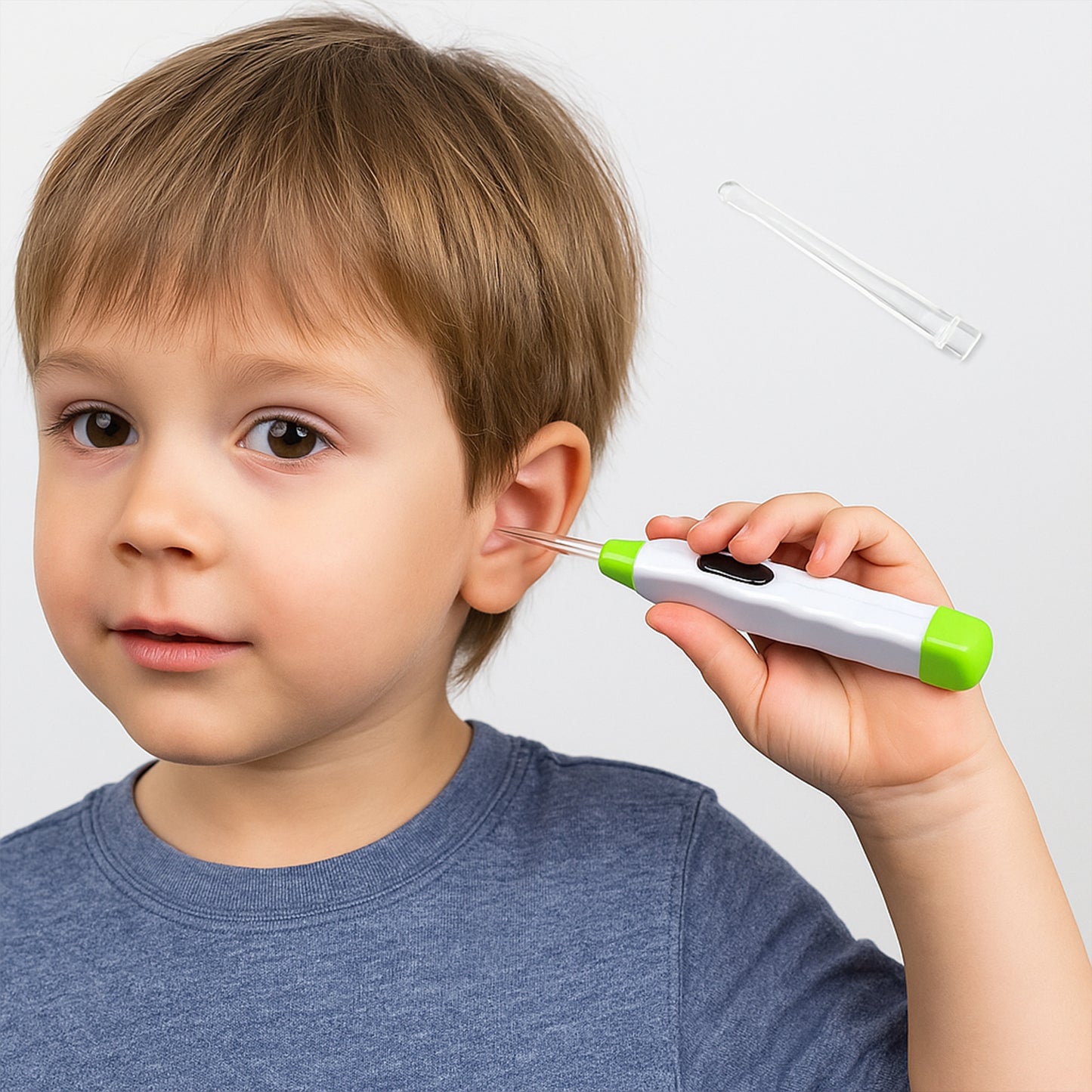 Wukusy 5-in-1 LED flashlight ear pick with interchangeable transparent ear wax removal heads and built-in light for safe cleaning.