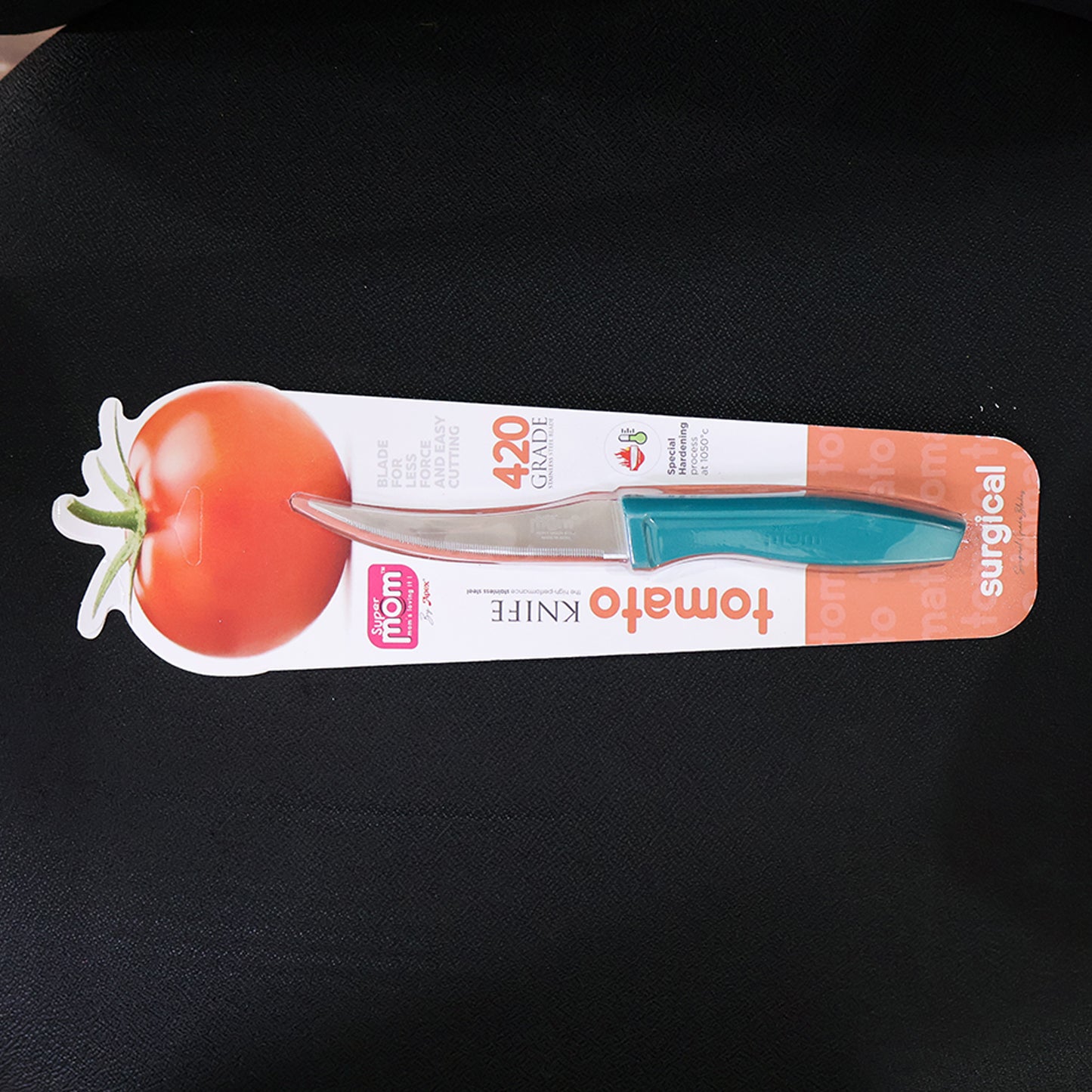 Wukusy Supermom premium stainless steel tomato knife with ergonomic handle for precise slicing in home kitchen.