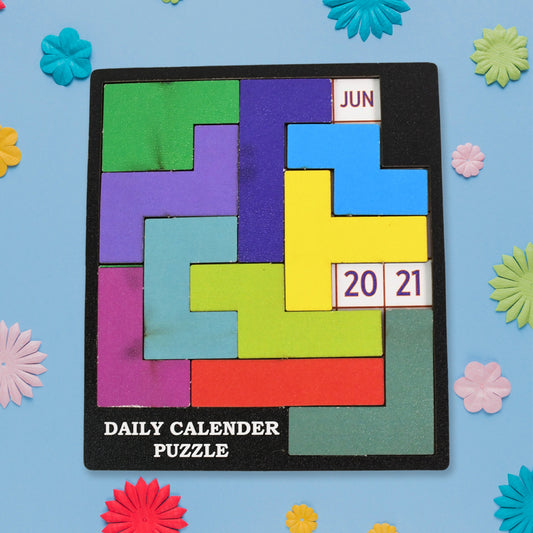Colorful wooden daily calendar puzzle toy by Wukusy, featuring multicolored interlocking pieces for educational play.