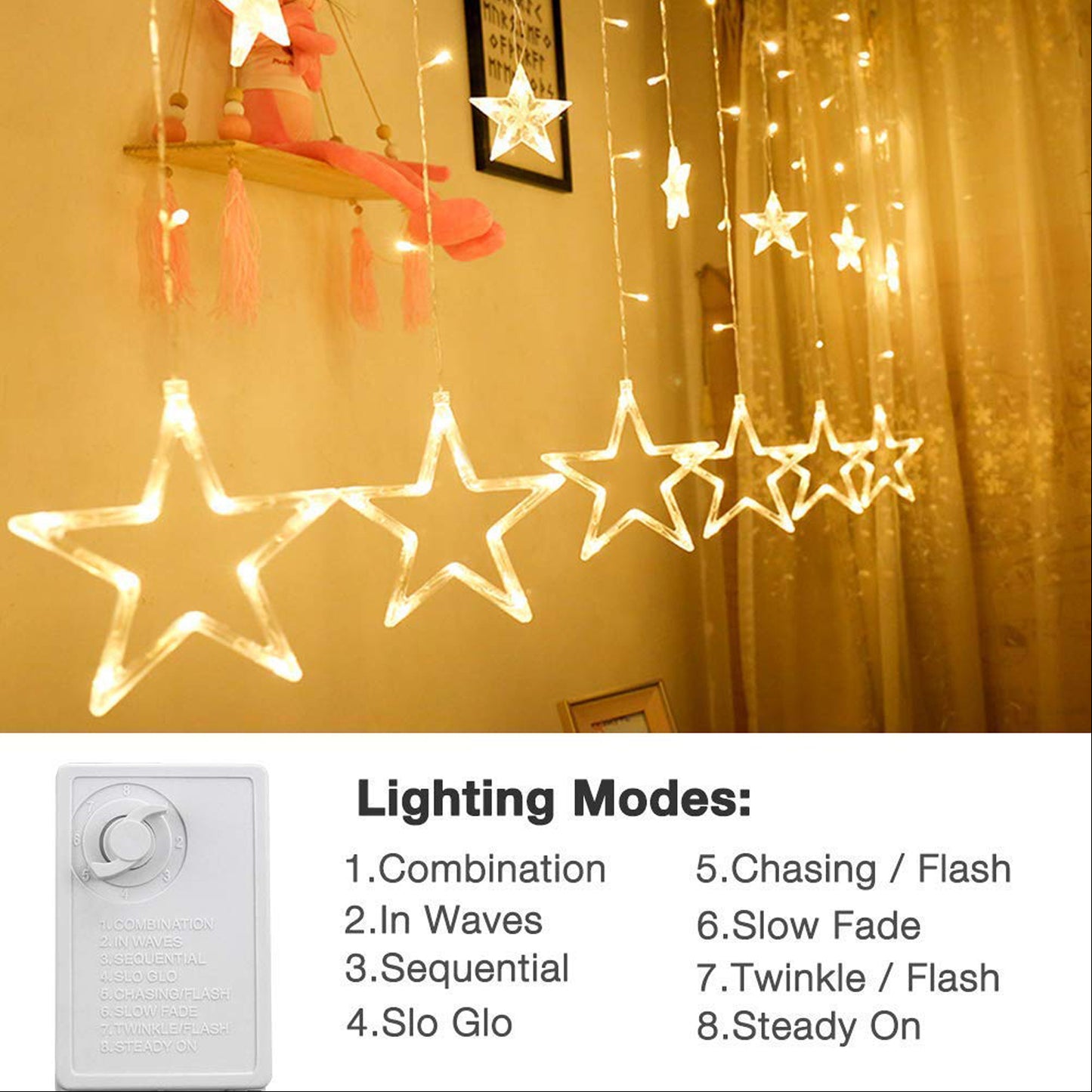 Wukusy 1253 12 Stars curtain string lights with flashing modes, ideal for home decor and festive window decoration.