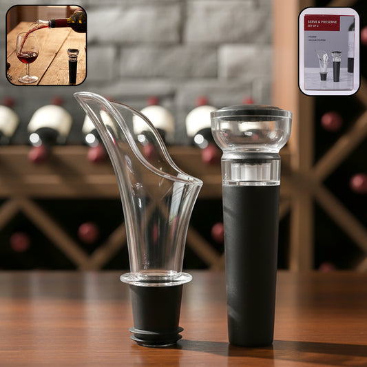 Wukusy premium wine pourer and vacuum bottle stopper set, including two stainless steel wine pourers with black silicone stoppers.