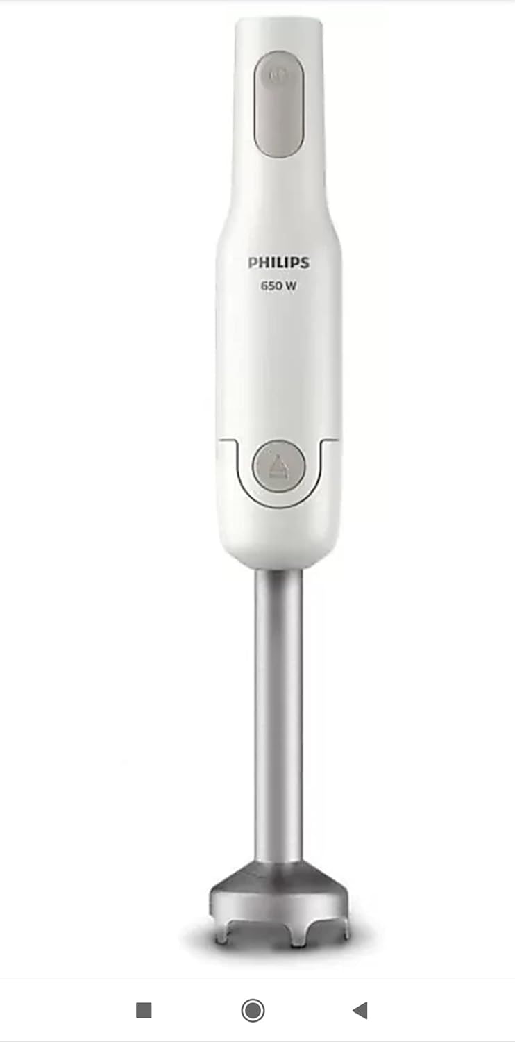 White Philips HL1600 650W hand blender with ergonomic grip and blending attachments for smooth mixing and pureeing.