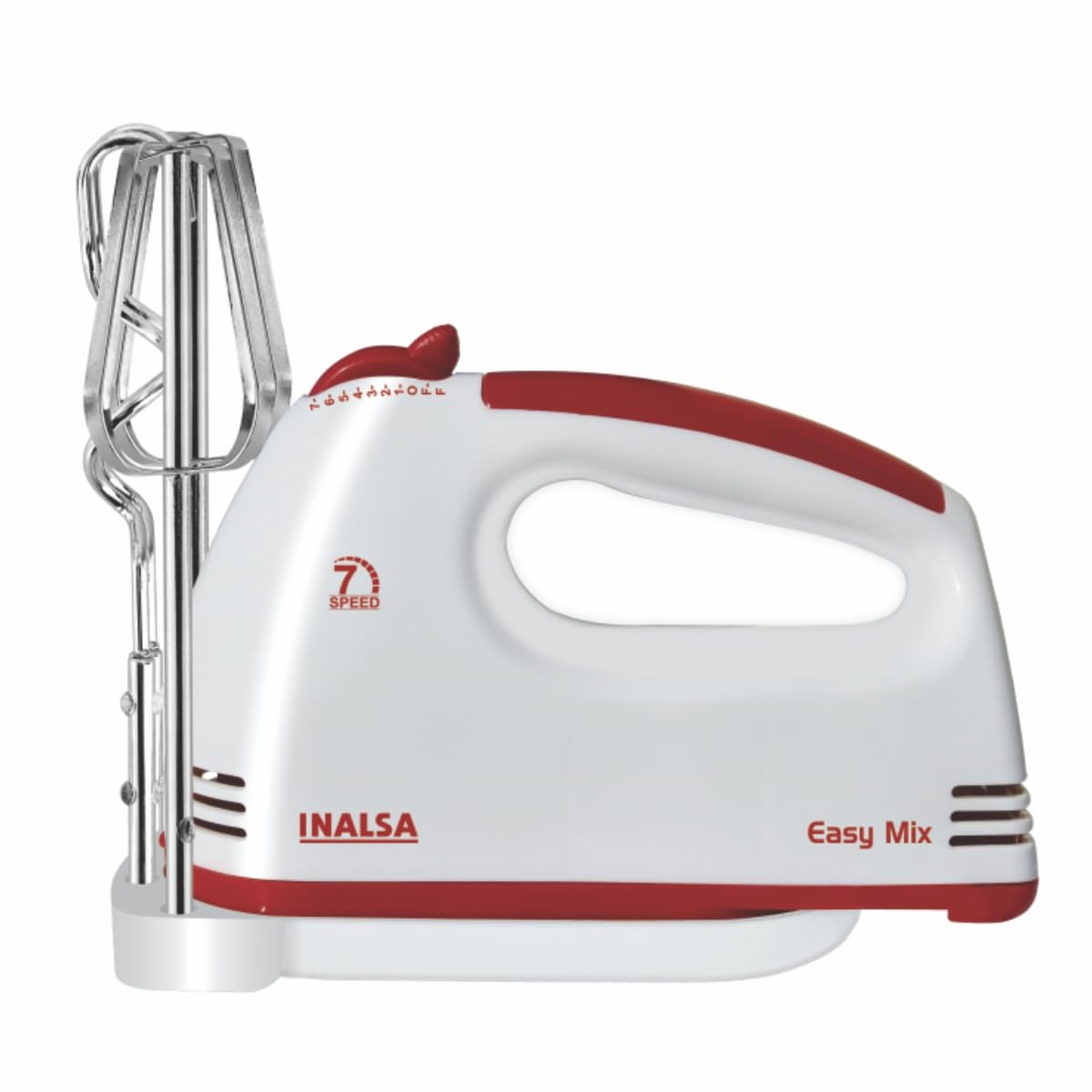 Seasons Inalsa Easy Mix 250W hand blender in red and white with blending attachment and control buttons.