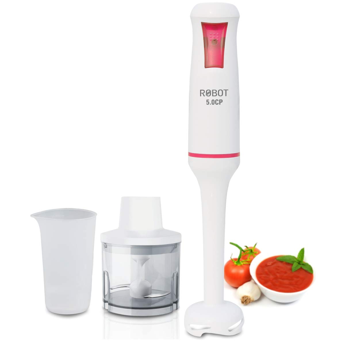 Seasons Inalsa Robot 5.0 CP hand blender with chopper, 500W DC motor, white and pink color, featuring blending and chopping attachments.