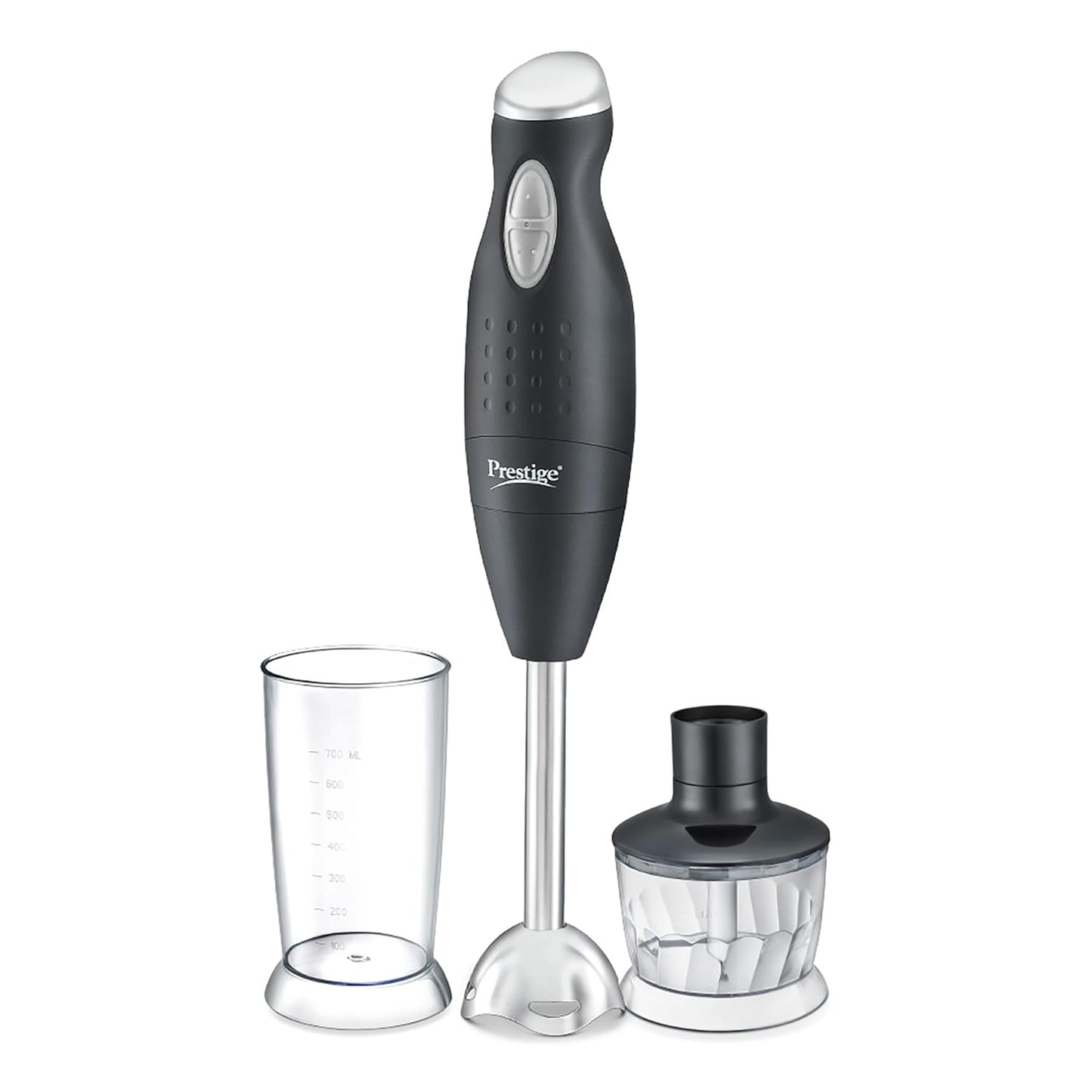 Seasons Prestige PHB 6.0 200W black hand blender with ergonomic handle and blending attachments on a kitchen counter.