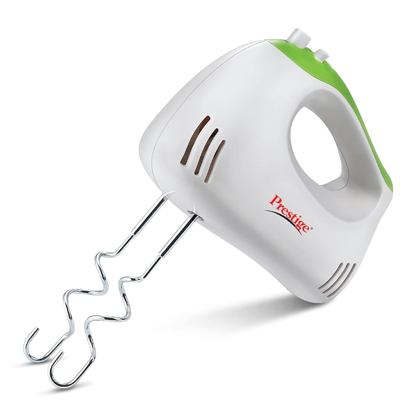 Seasons Prestige PHM 1.0 250W hand blender in white and green with blending attachments on a kitchen countertop.