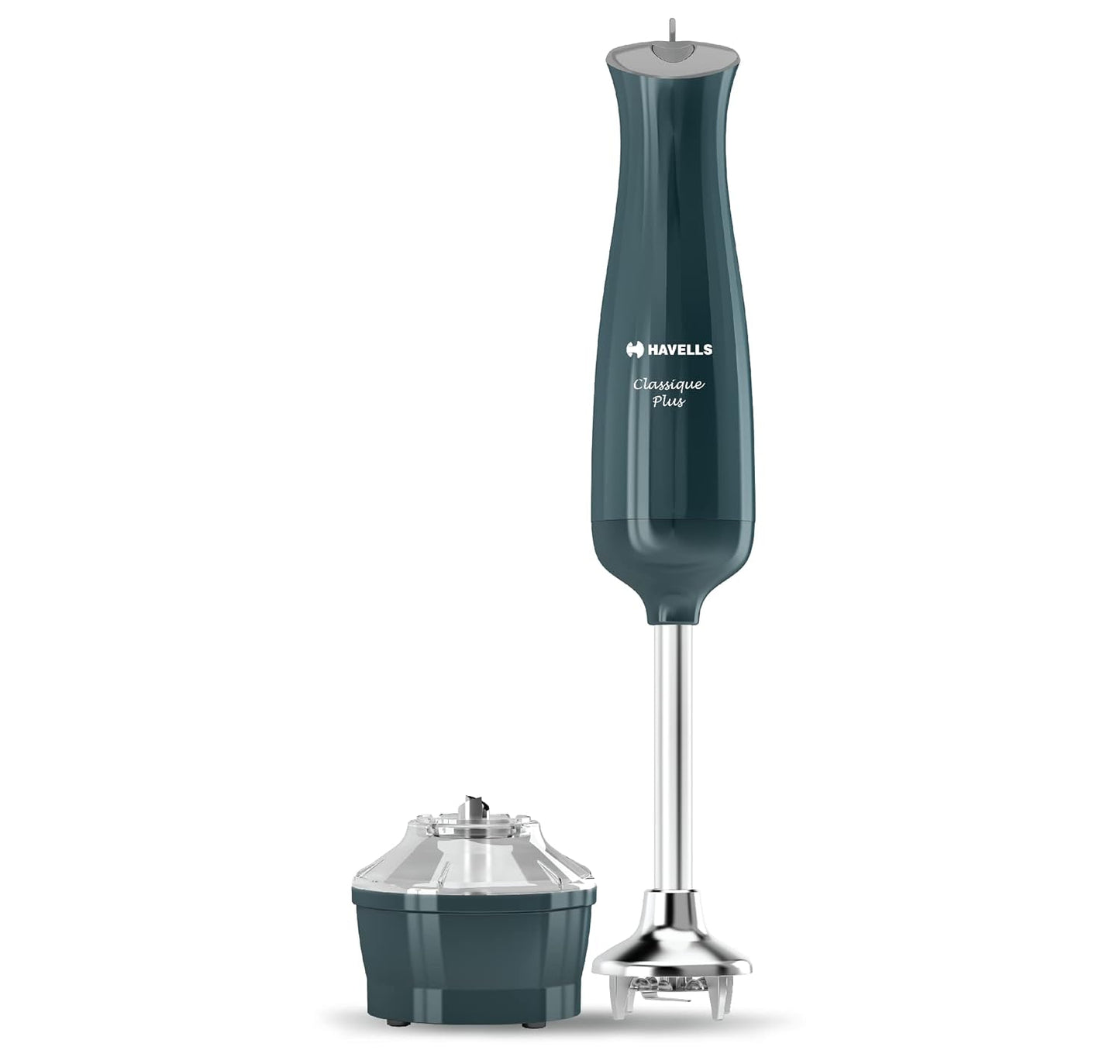 Seasons Havells Classique Plus 300W cyan hand blender with stainless steel blending shaft and ergonomic handle.